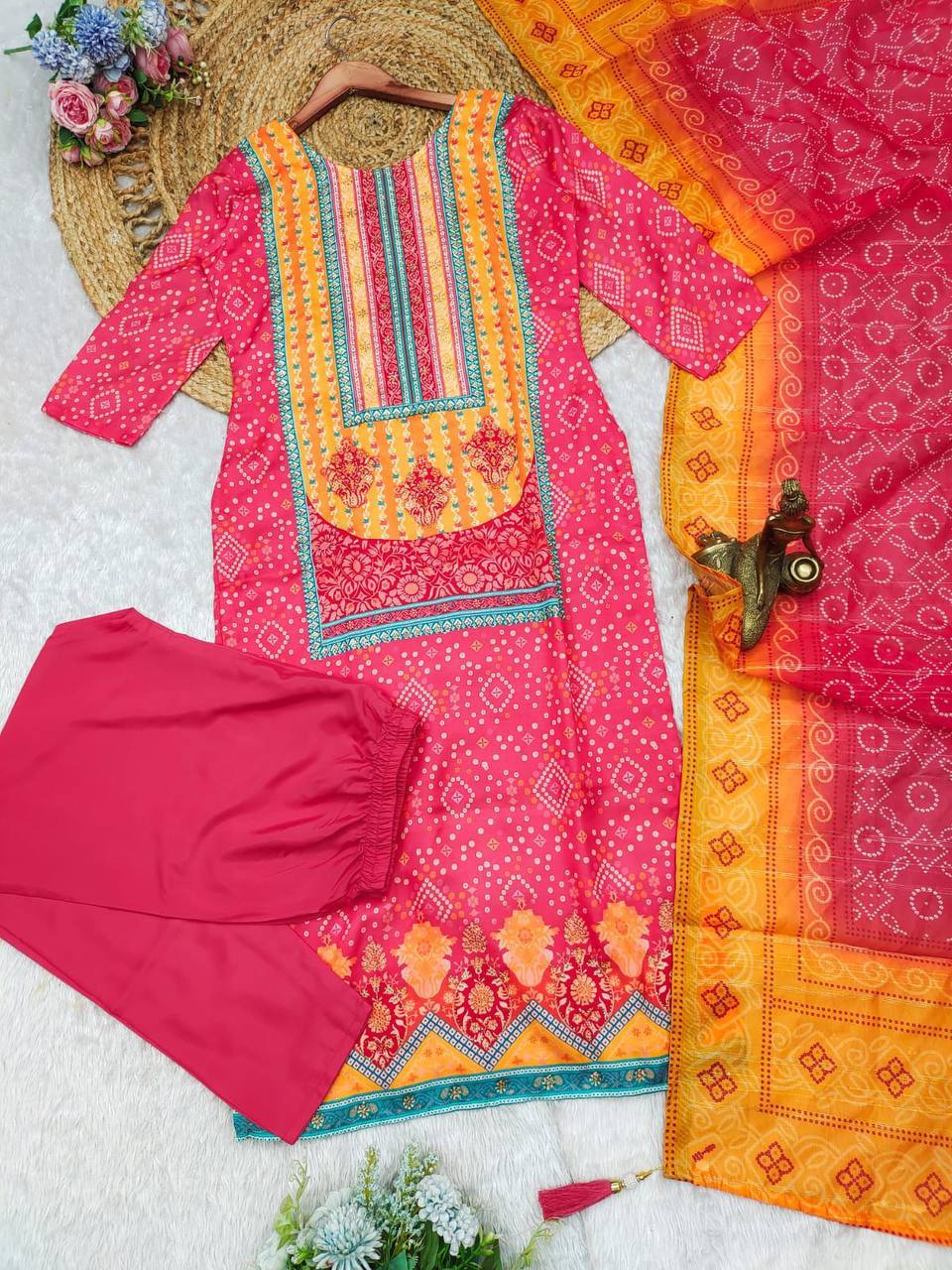 Printed satin silk plus sizes kurta pant with dupatta sets