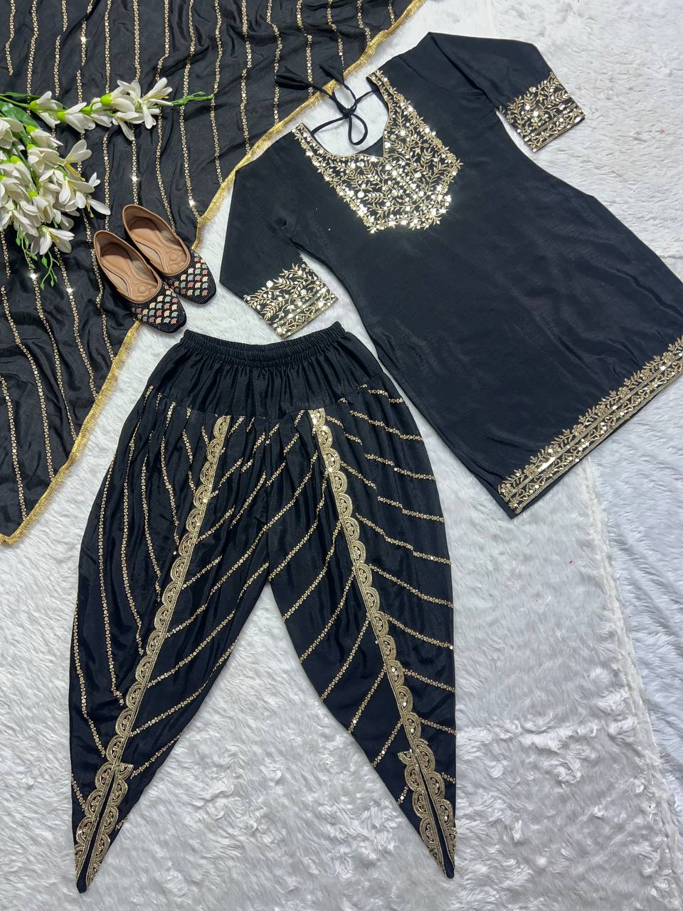 New Designer Party Wear Look chinnon silk Top ,Dhoti Salwar and Dupatta