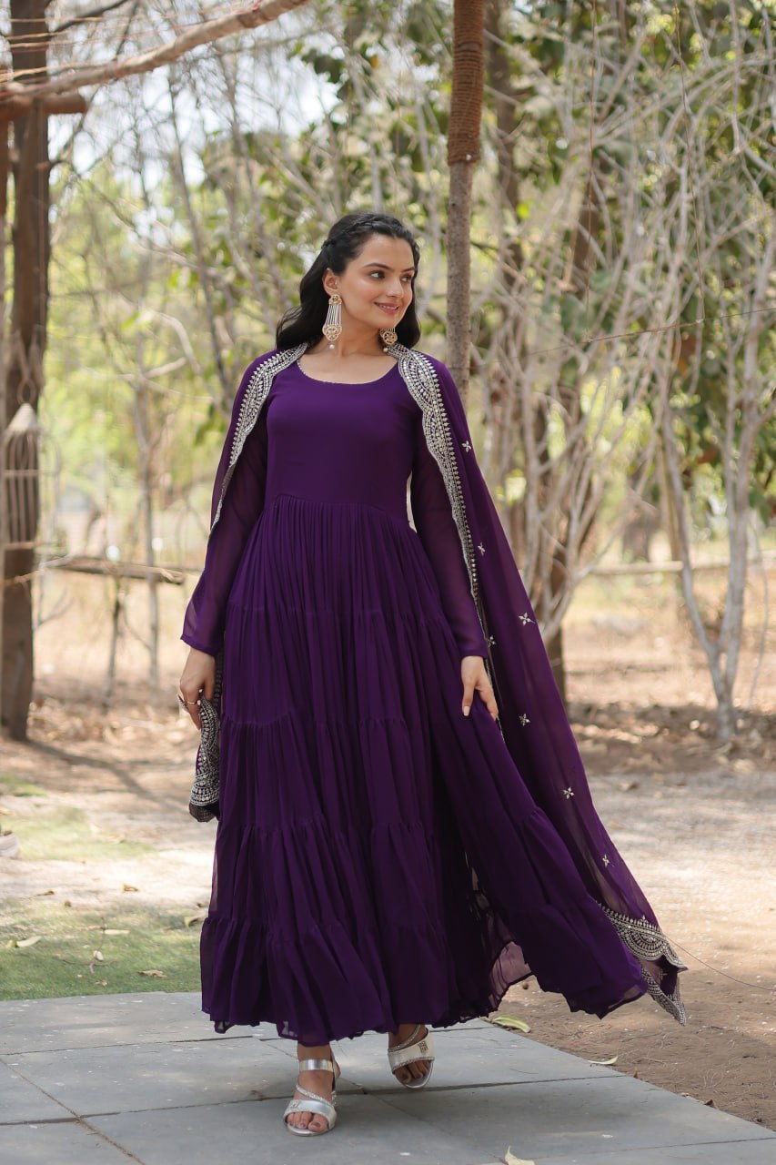 Women's gown Made With Faux Blooming Fabrics and Designer Embroidered Dupatta