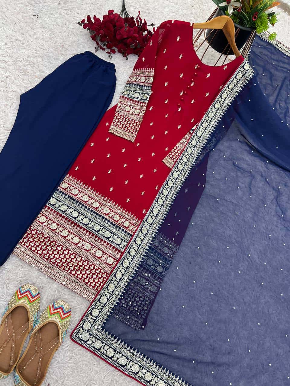 Faux georgette mirror work kurta sets