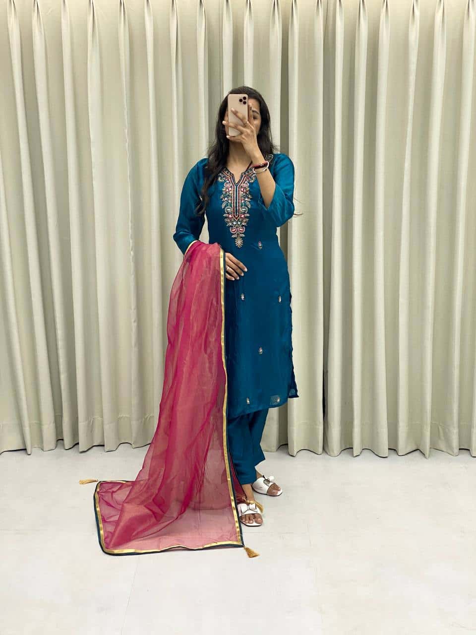 Silk kurta pant with net dupatta sets
