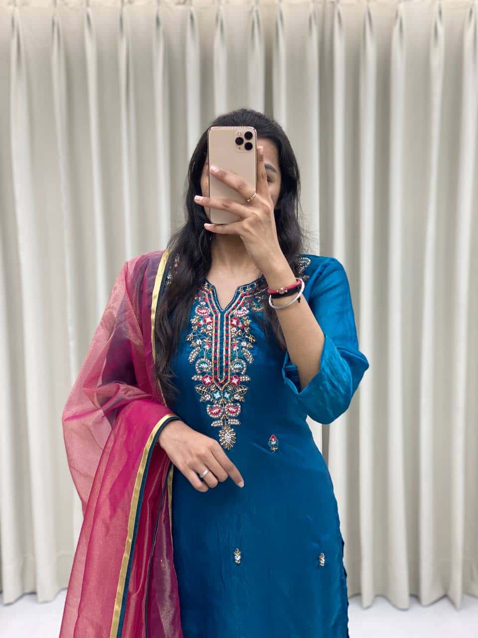 Silk kurta pant with net dupatta sets