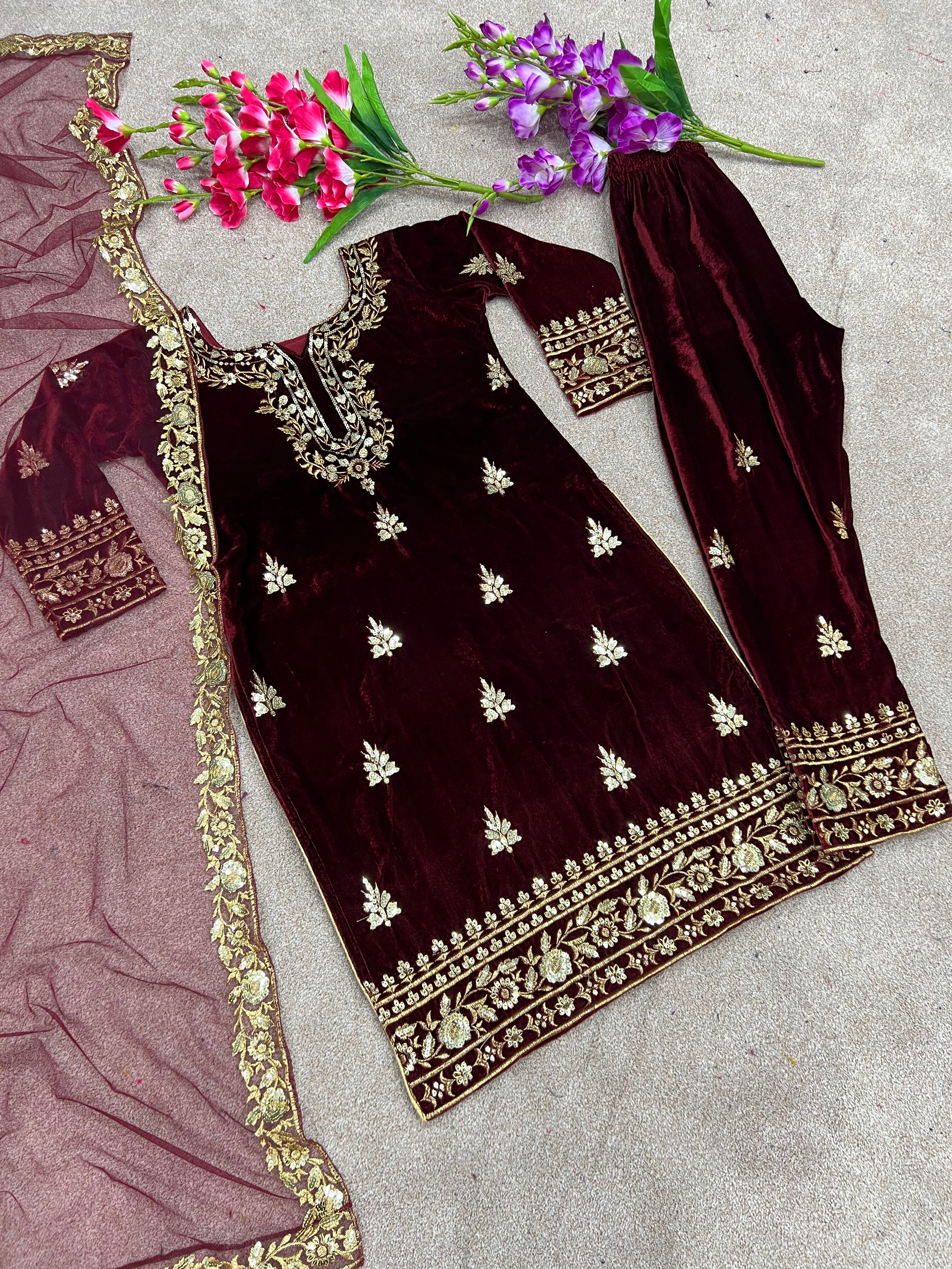 Heavy Viscose Velvet with 5mm heavy embroidery sequence work Kurta Pant with Dupatta