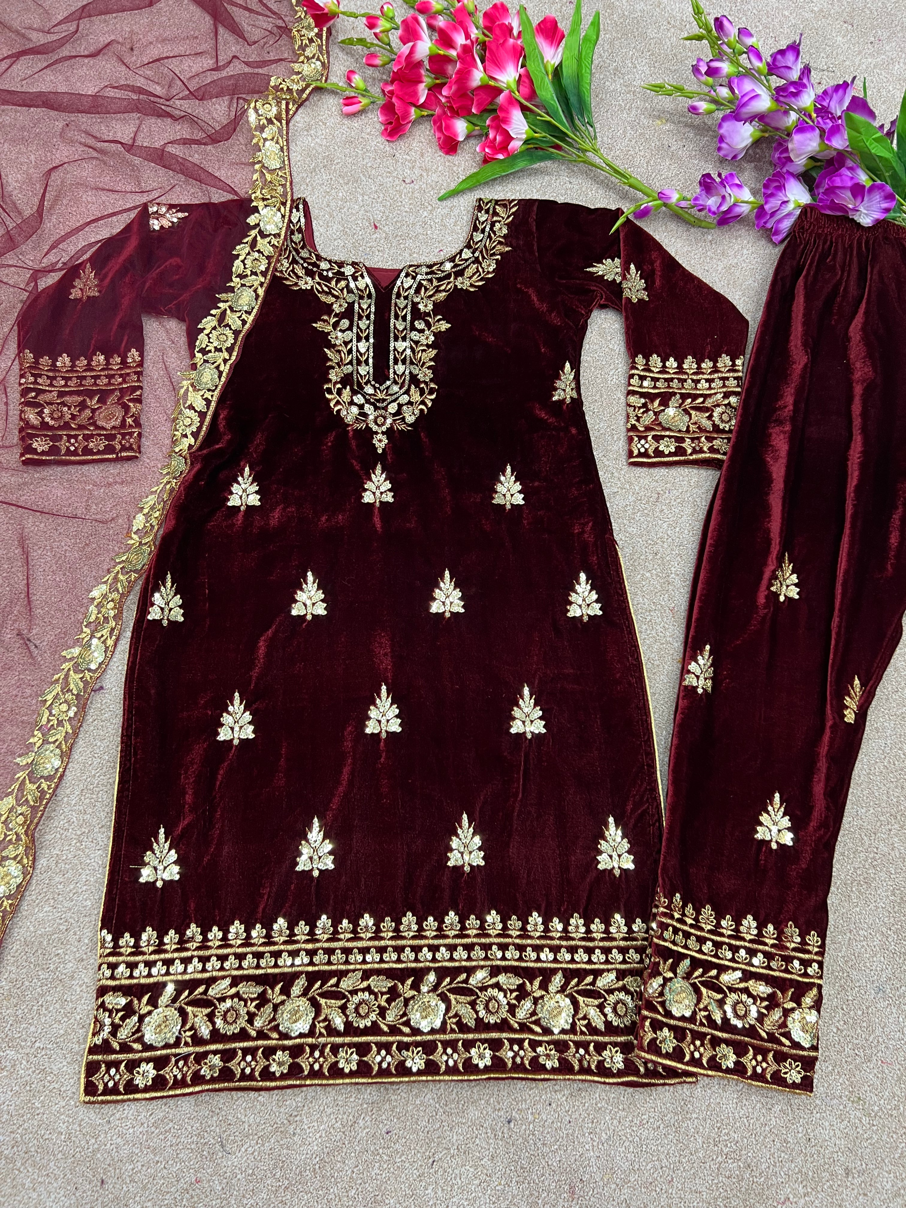 Heavy Viscose Velvet with 5mm heavy embroidery sequence work Kurta Pant with Dupatta