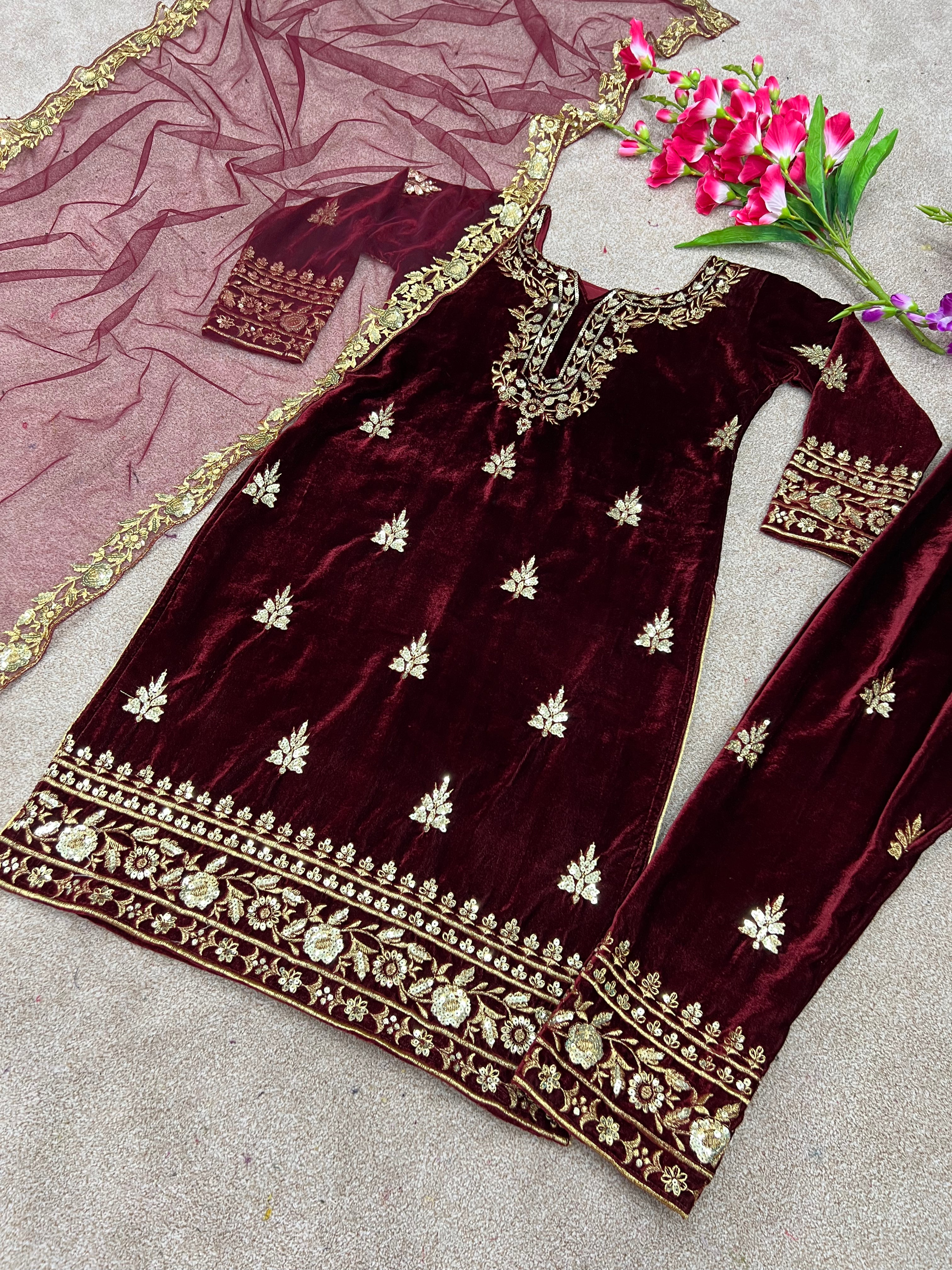 Heavy Viscose Velvet with 5mm heavy embroidery sequence work Kurta Pant with Dupatta