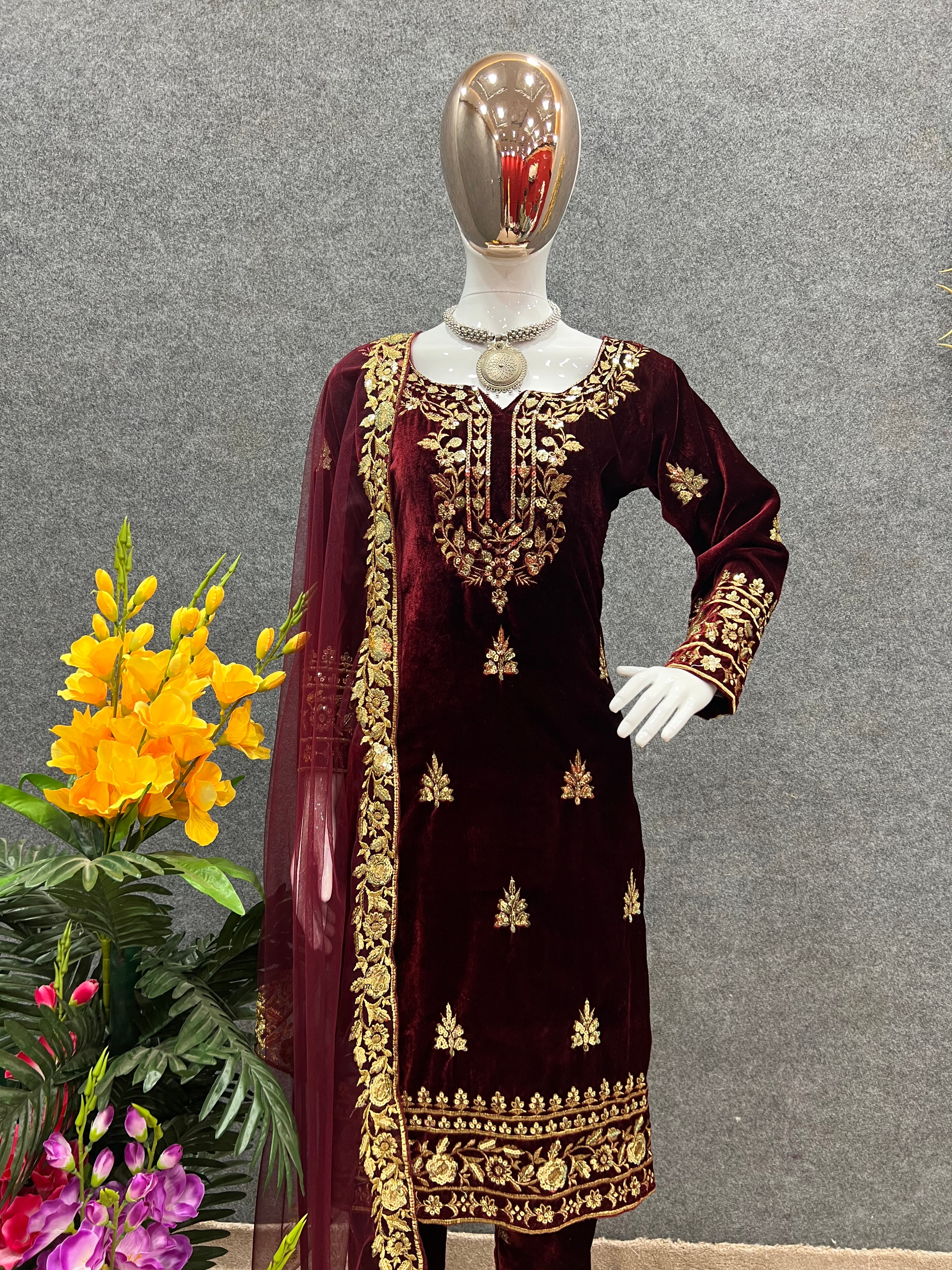 Heavy Viscose Velvet with 5mm heavy embroidery sequence work Kurta Pant with Dupatta