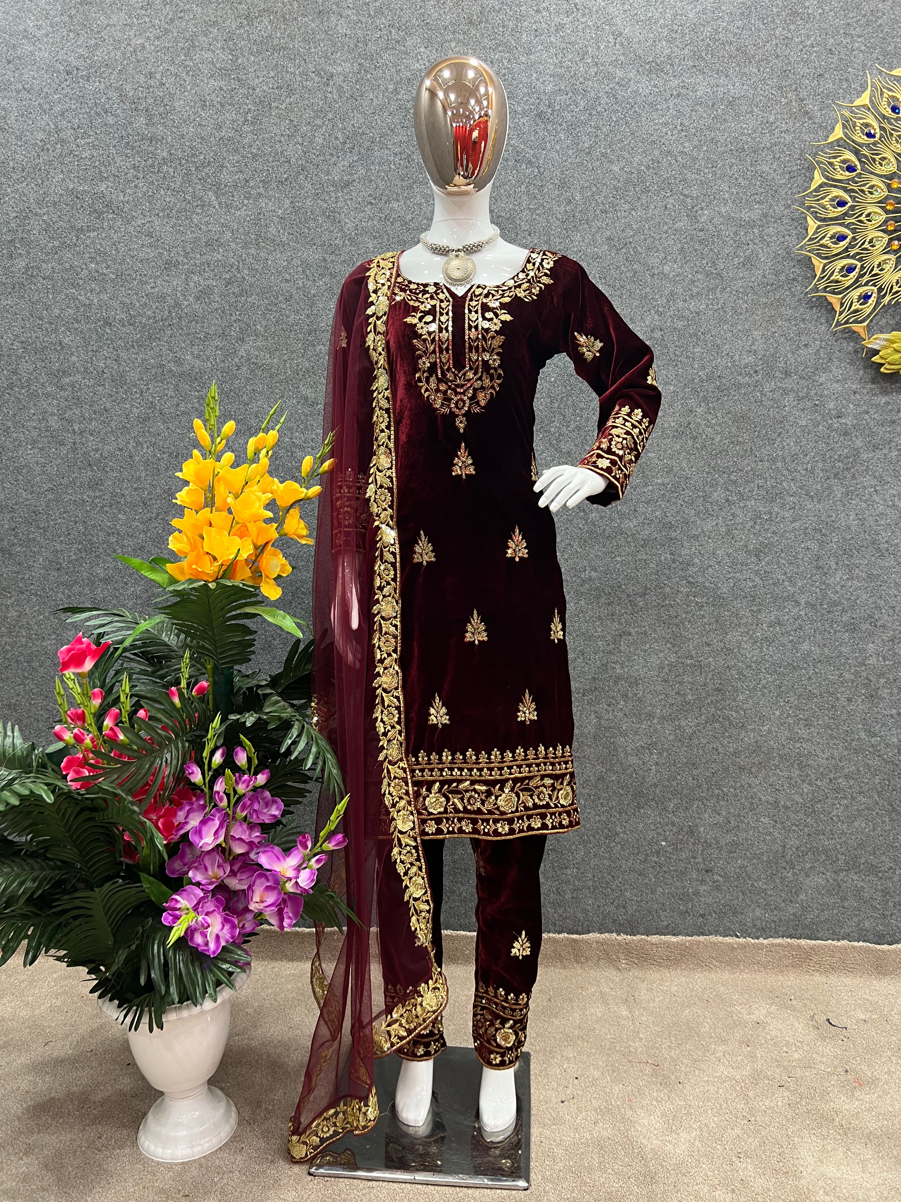 Heavy Viscose Velvet with 5mm heavy embroidery sequence work Kurta Pant with Dupatta