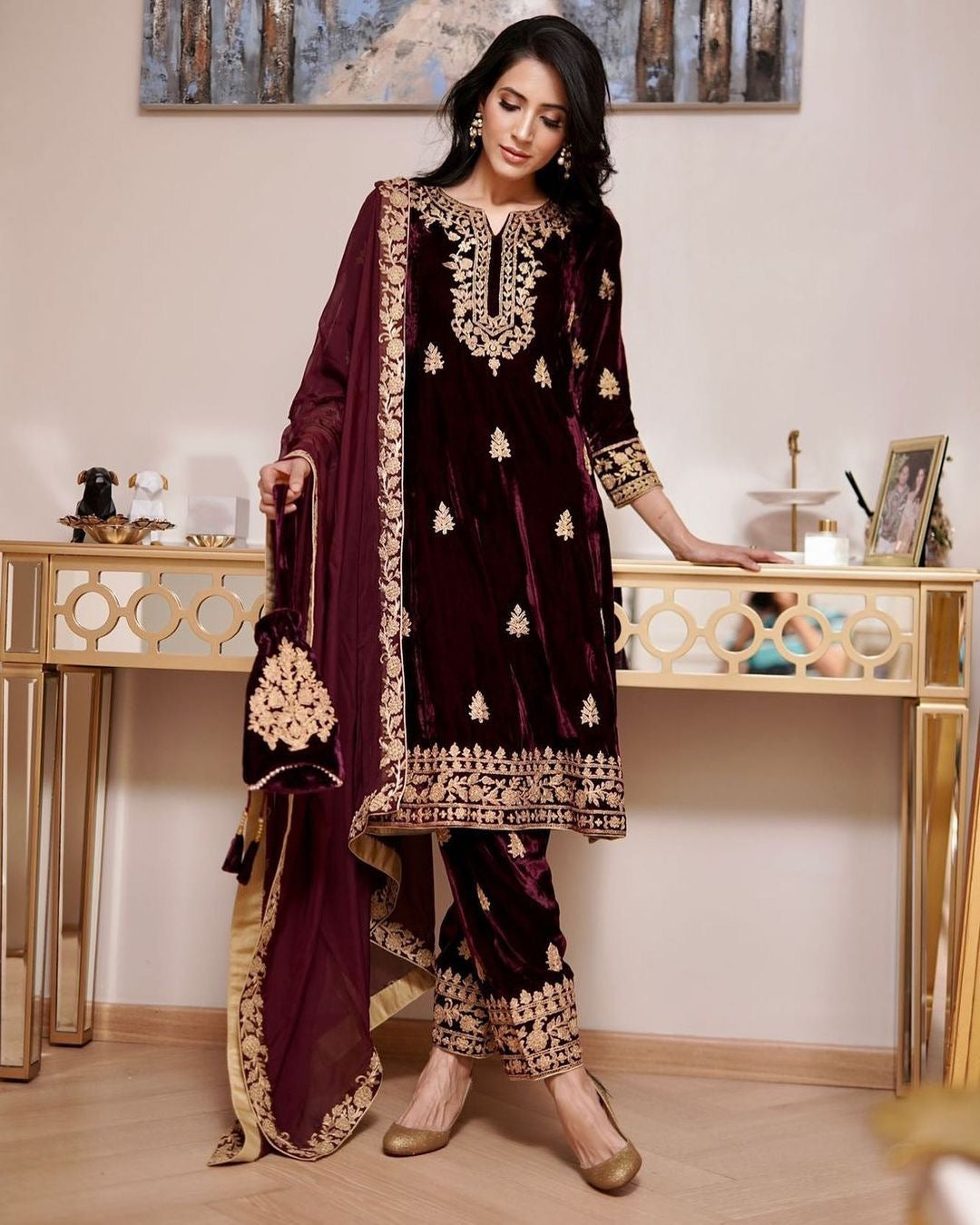 Heavy Viscose Velvet with 5mm heavy embroidery sequence work Kurta Pant with Dupatta