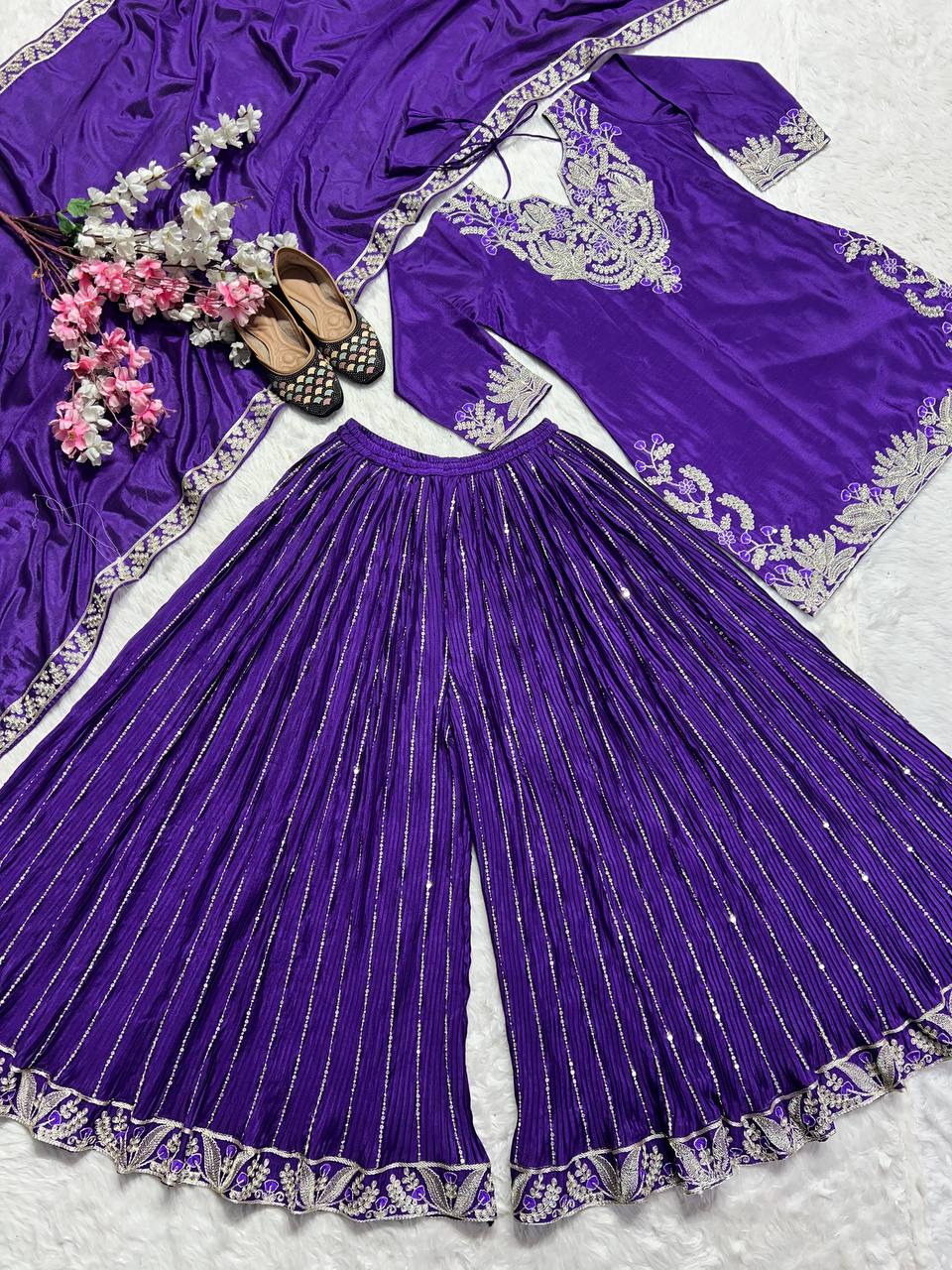 Pure Heavy Chinnon Silk with Heavy Embroidery Coding Sequence Work Suit