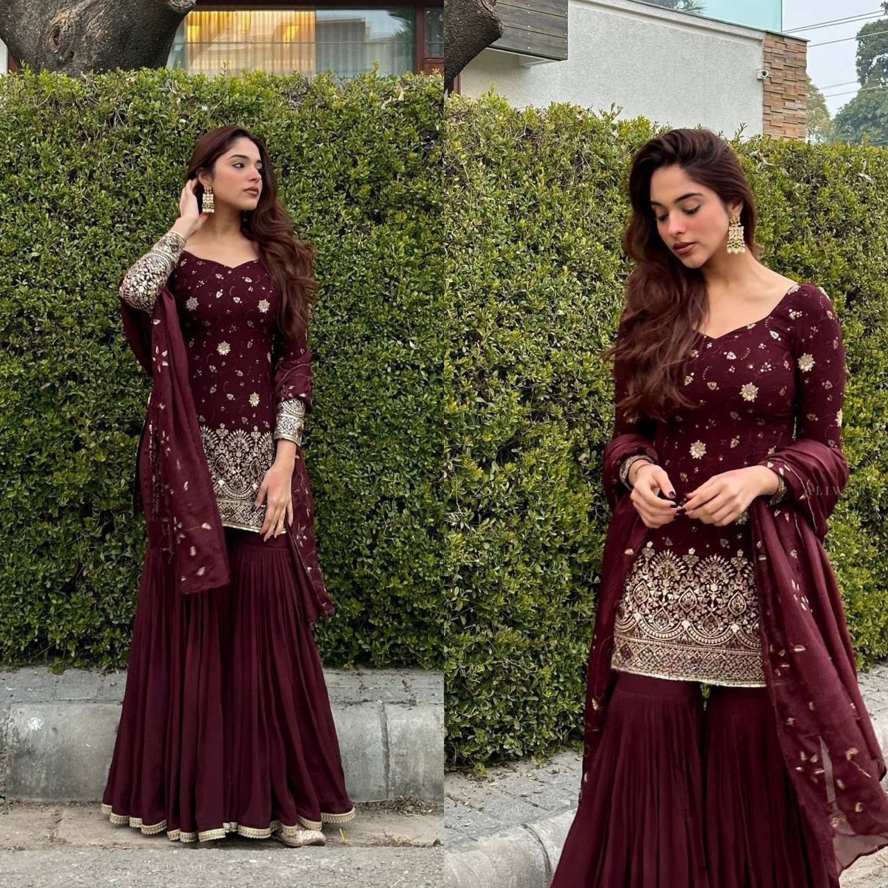 Heavy Shinon Silk with 5mm Sequence Embroidery Work Kurta Sharara with Dupatta