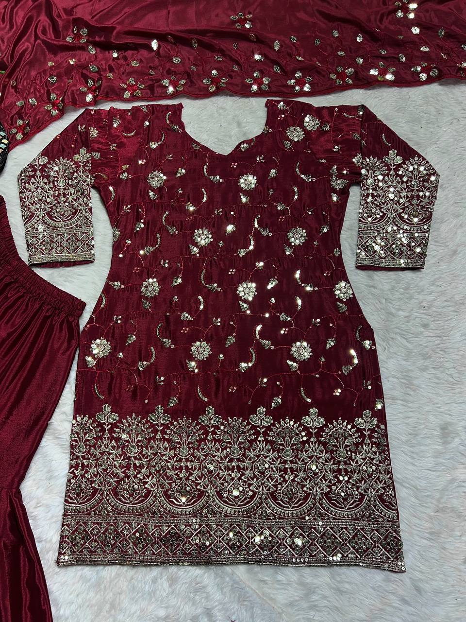 Heavy Shinon Silk with 5mm Sequence Embroidery Work Kurta Sharara with Dupatta