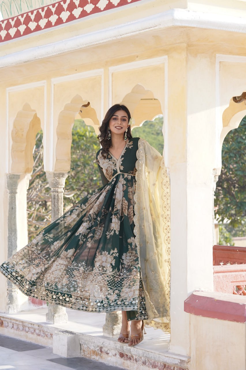 Flower Digital print silk alia cut gown with dupatta sets