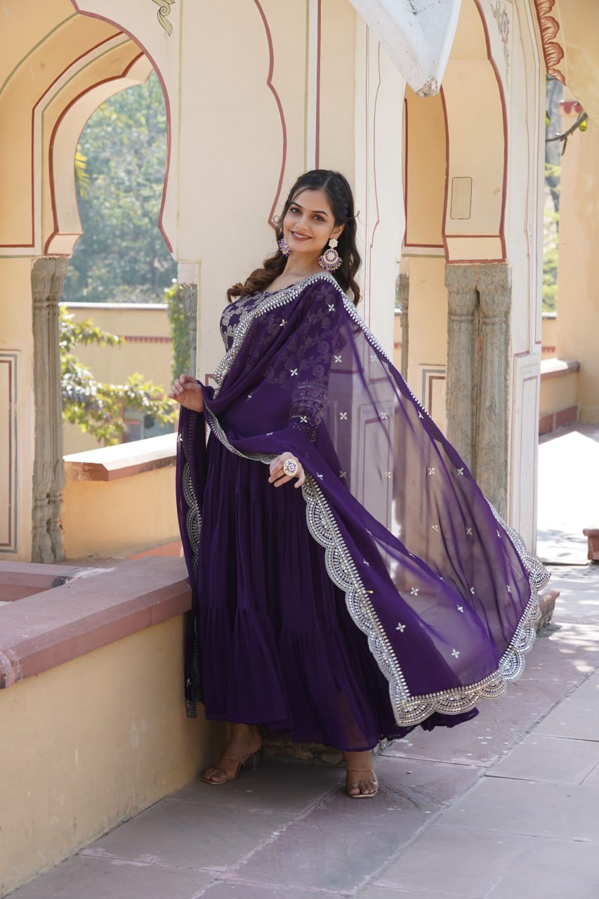 Faux Blooming Viscose Diable Jacquard with Sequins Gown with Dupatta