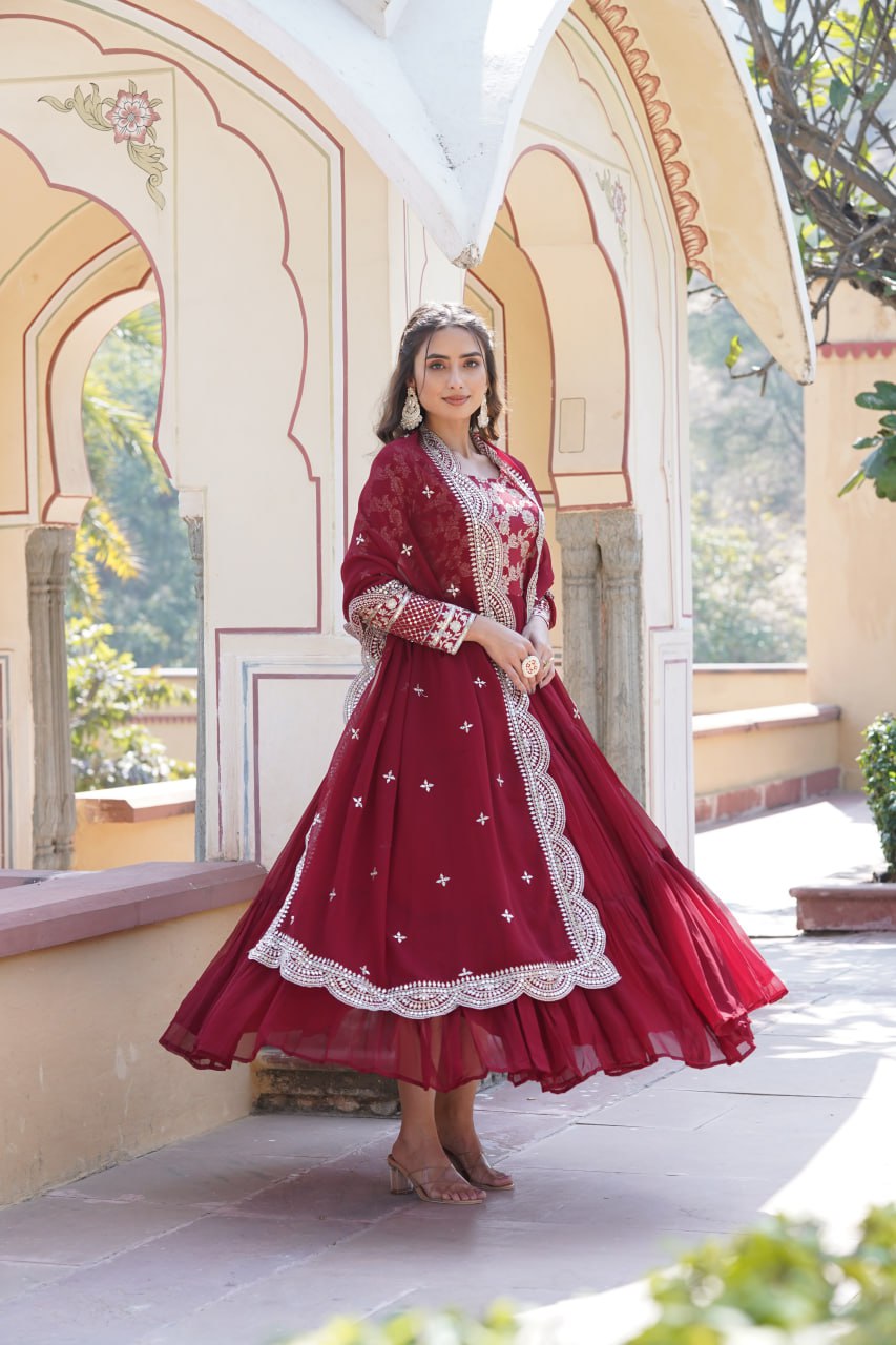 Faux Blooming Viscose Diable Jacquard with Sequins Gown with Dupatta