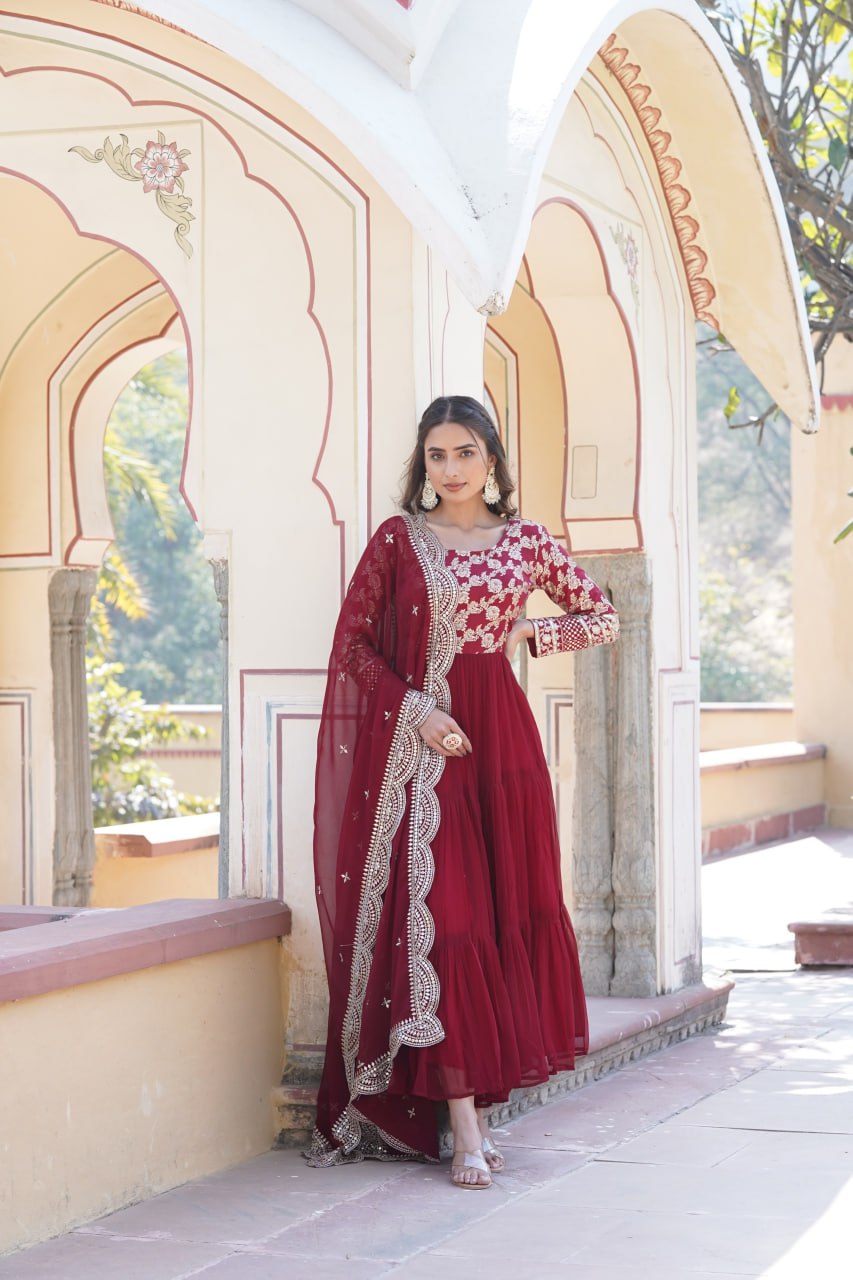 Faux Blooming Viscose Diable Jacquard with Sequins Gown with Dupatta