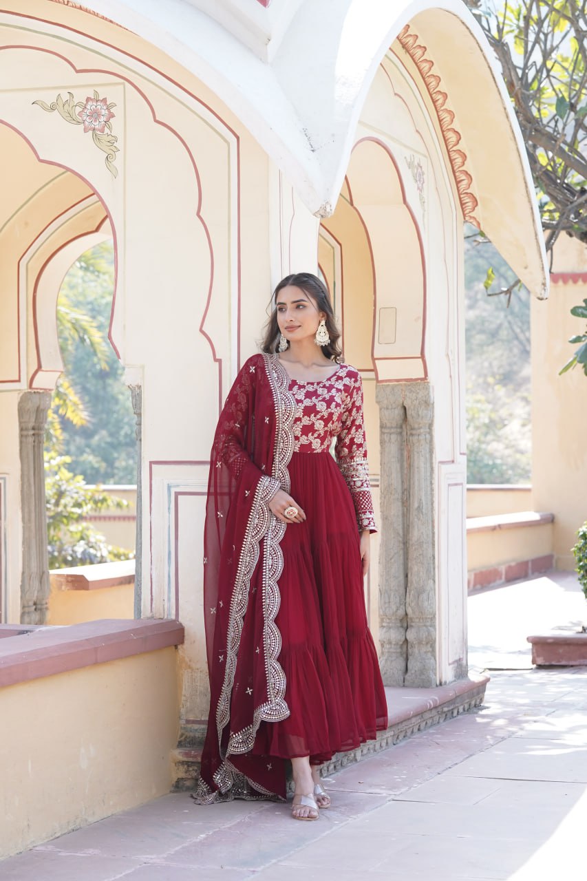 Faux Blooming Viscose Diable Jacquard with Sequins Gown with Dupatta