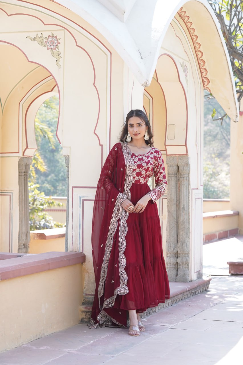 Faux Blooming Viscose Diable Jacquard with Sequins Gown with Dupatta