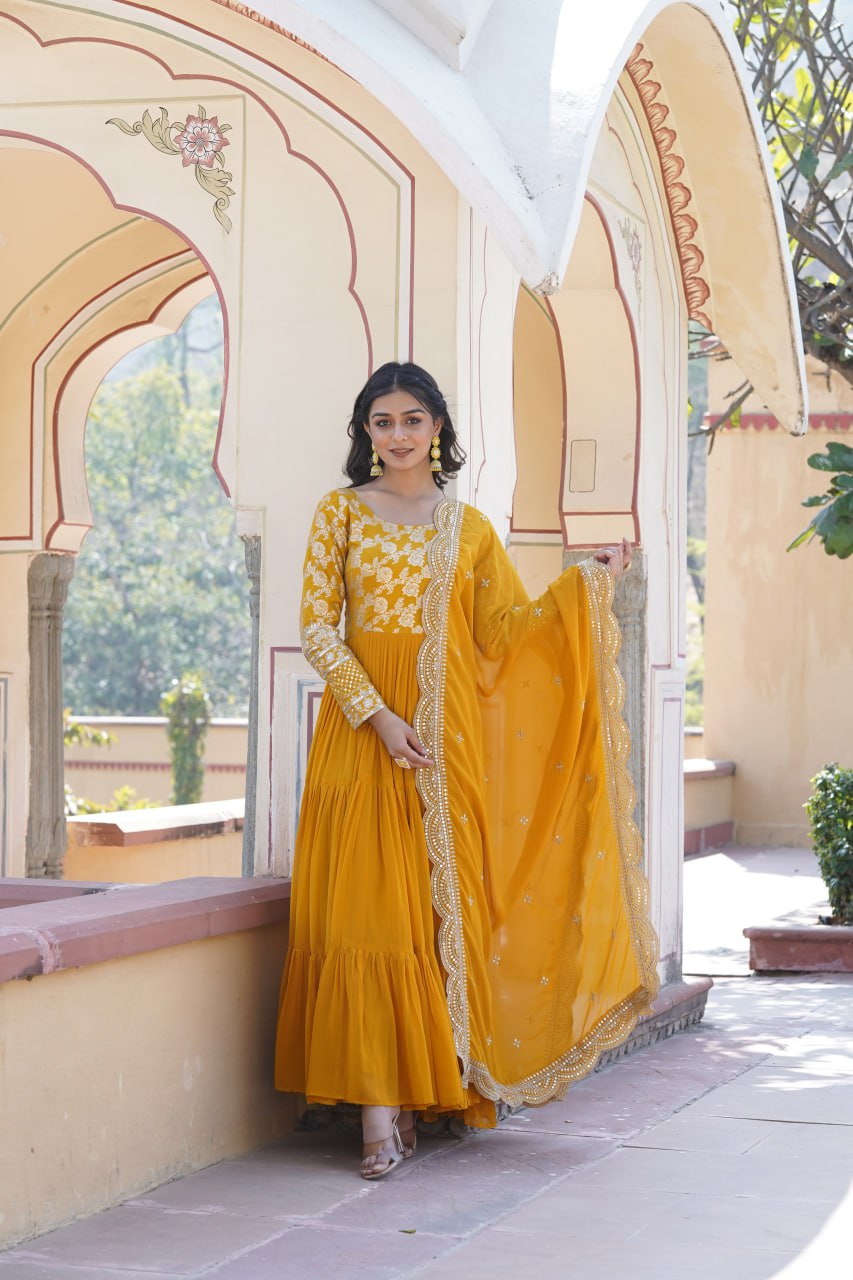 Faux Blooming Viscose Diable Jacquard with Sequins Gown with Dupatta