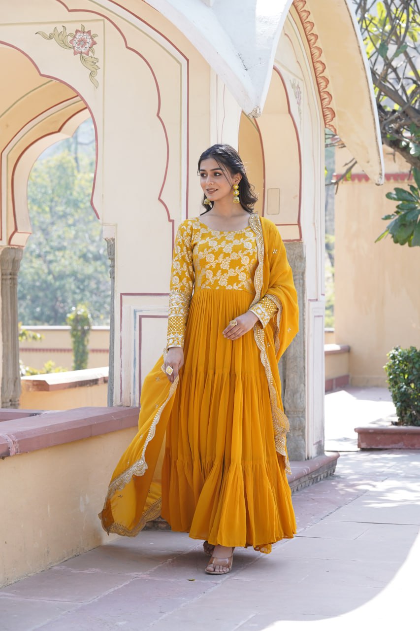 Faux Blooming Viscose Diable Jacquard with Sequins Gown with Dupatta