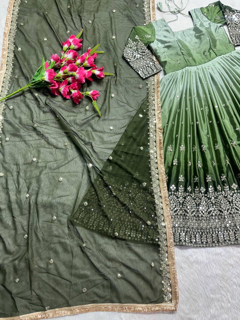 Heavy Chinon Silk with padding and embroidery work Gown Pant with Dupatta