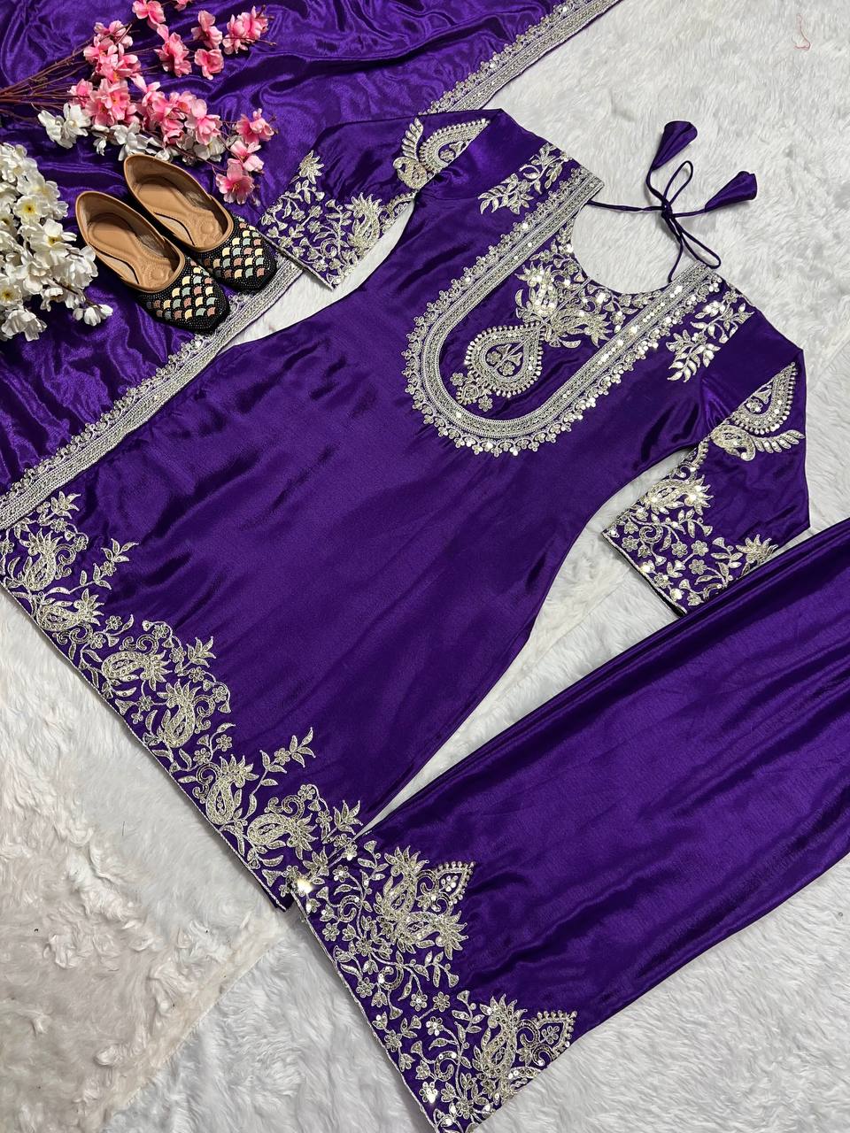 Heavy Chinon Silk with heavy embroidery Top Pant with Dupatta Set