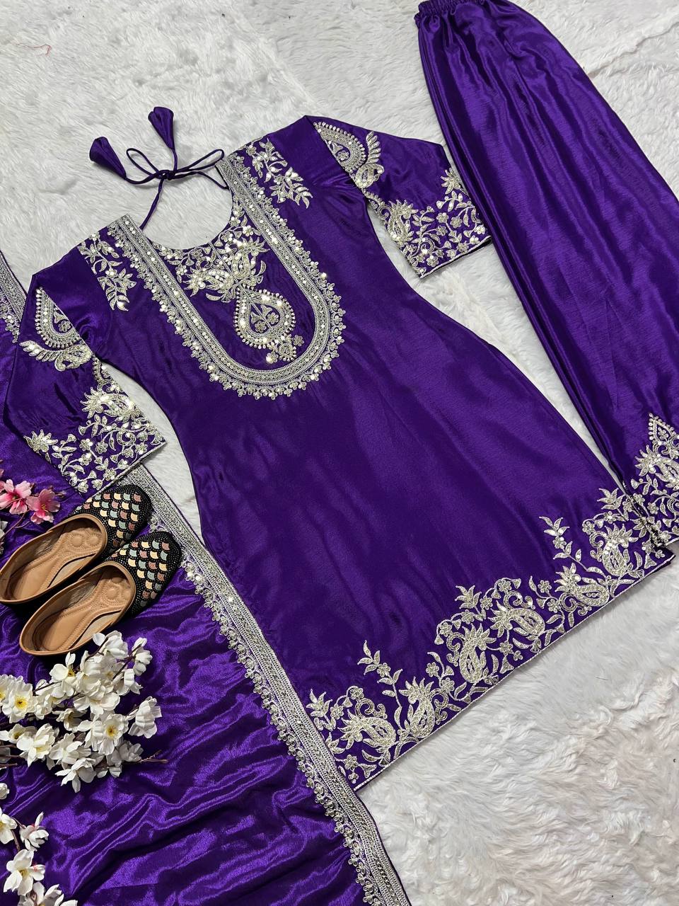 Heavy Chinon Silk with heavy embroidery Top Pant with Dupatta Set