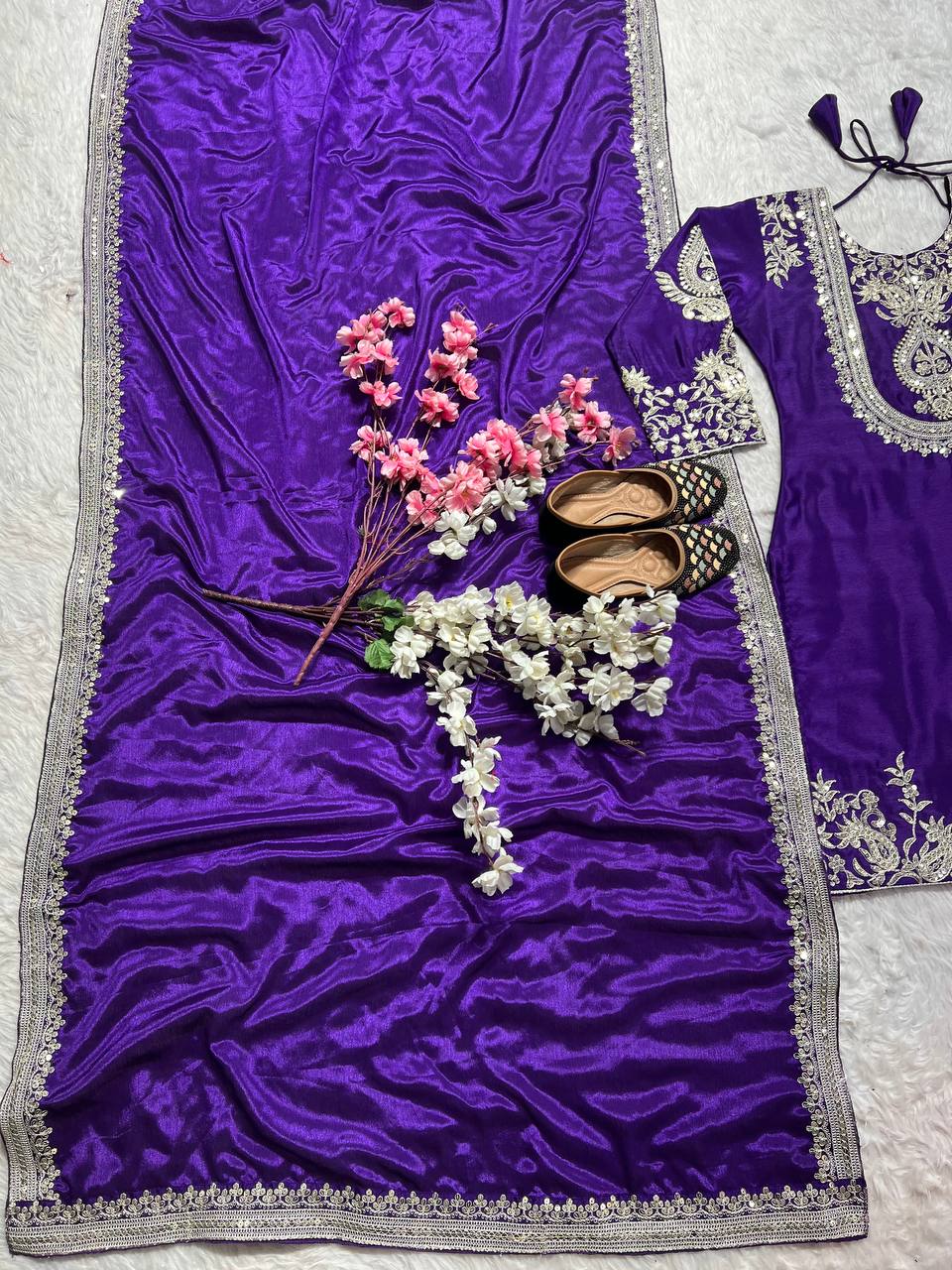 Heavy Chinon Silk with heavy embroidery Top Pant with Dupatta Set