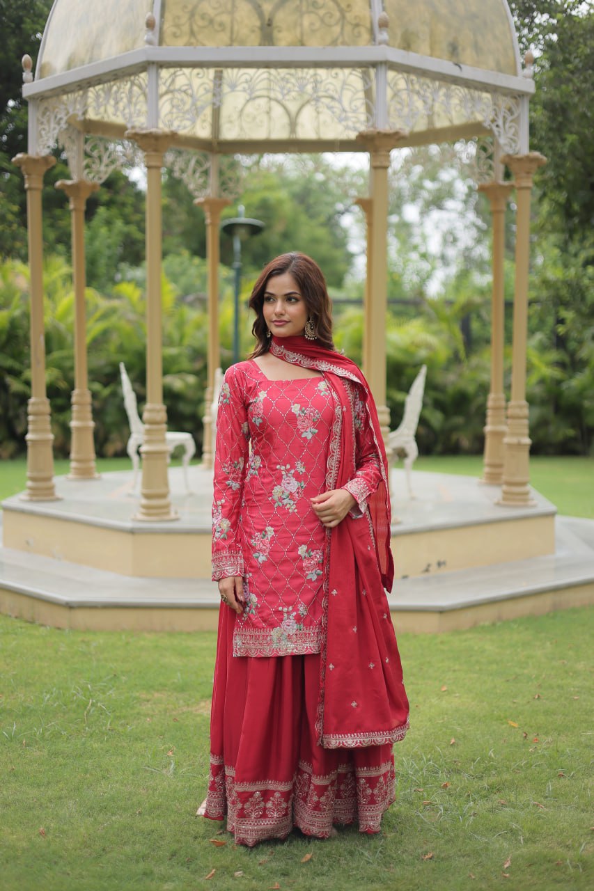 Designer beautiful printed and embroidered work chinnon silk kurta palazzo with dupatta set