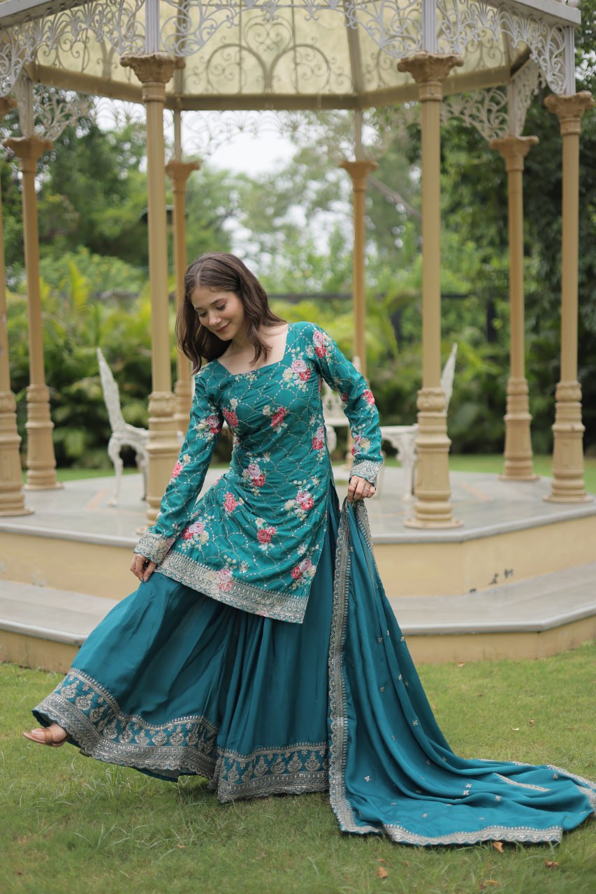 Designer beautiful printed and embroidered work chinnon silk kurta palazzo with dupatta set