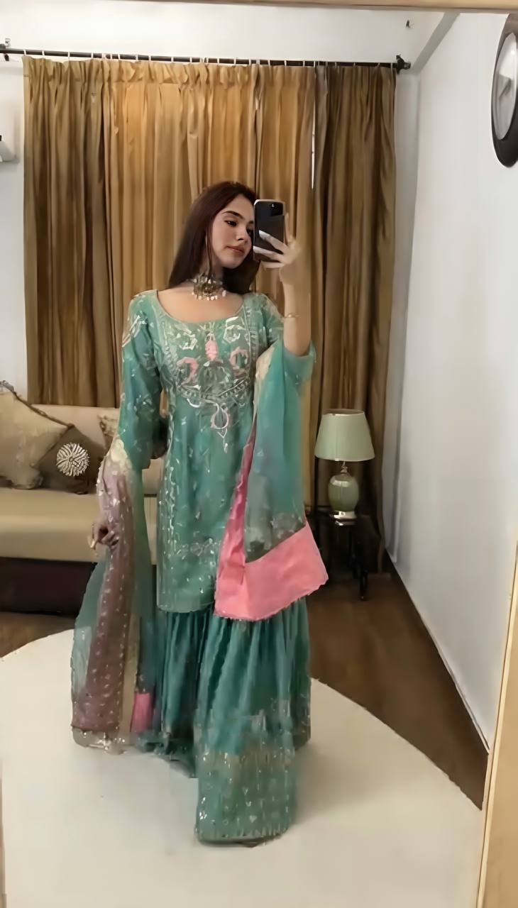 Designer Party Wear Chinnon Silk Top-Sharara Set with Embroidered Dupatta