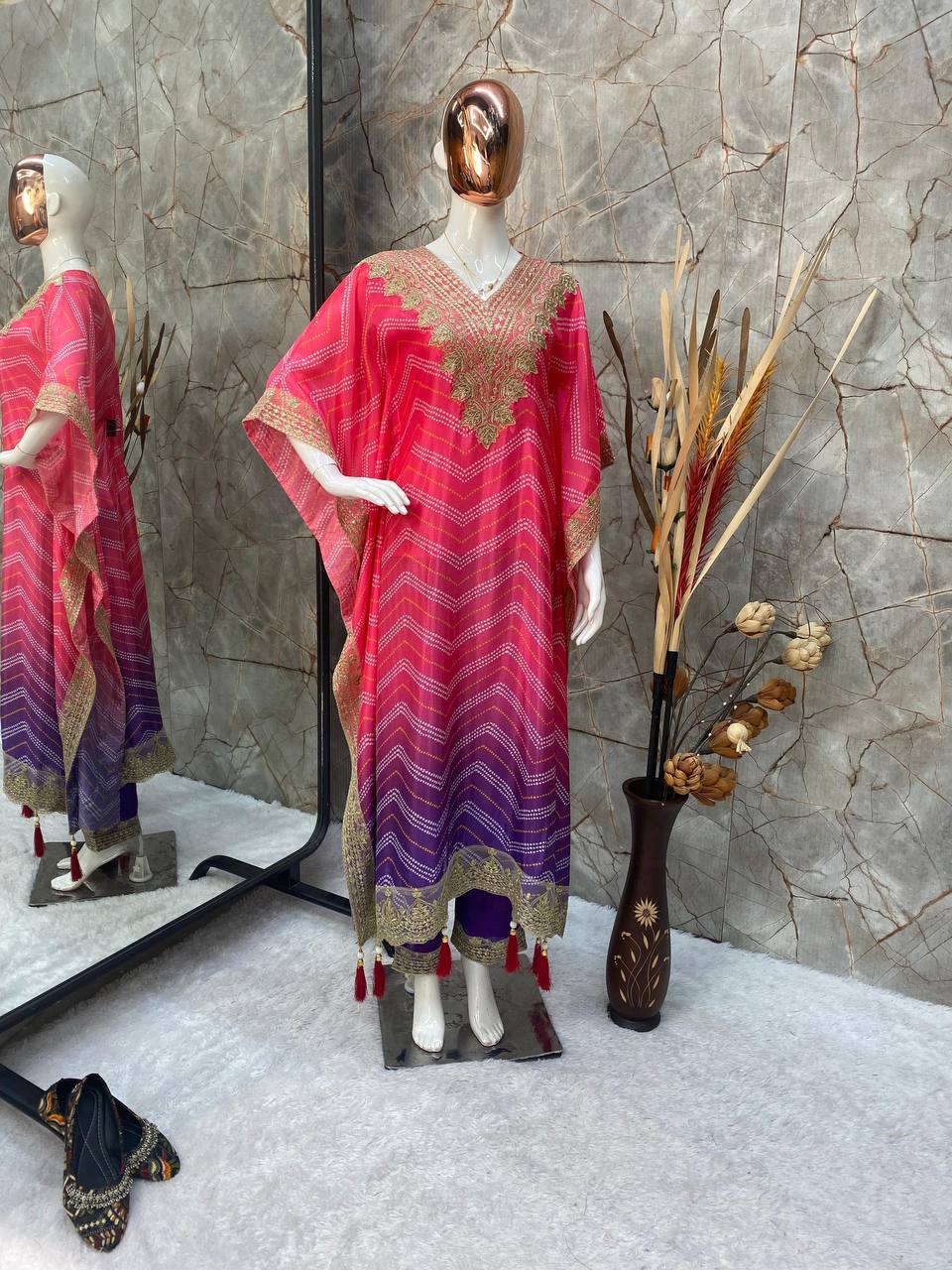 Bandhani print sequence work kaftan with pant