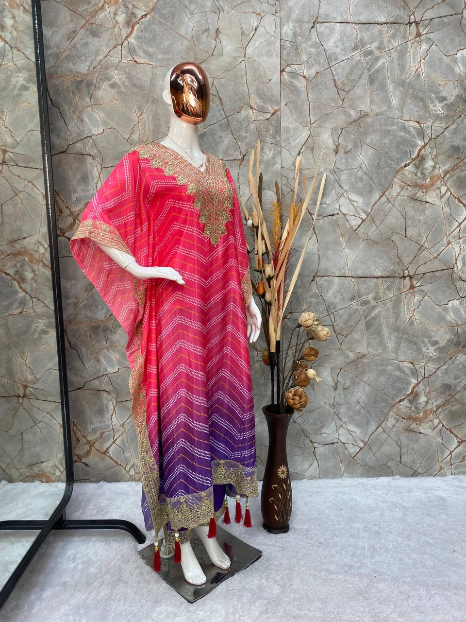 Bandhani print sequence work kaftan with pant