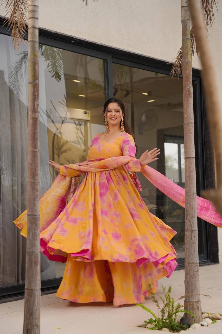 Designer Vichitra Silk Printed Gown with Plazzo & Embroidered Dupatta
