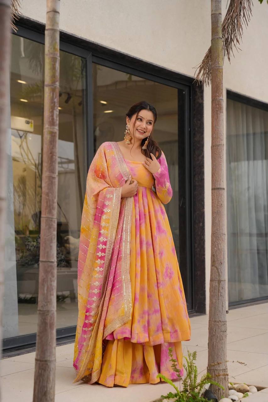 Designer Vichitra Silk Printed Gown with Plazzo & Embroidered Dupatta