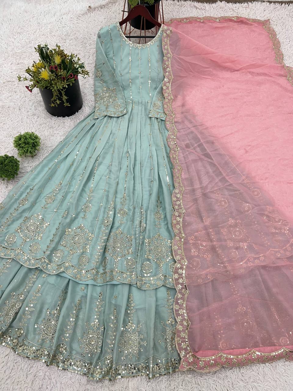 Women Anarkali star georgette kurta lehenga with dupatta sets