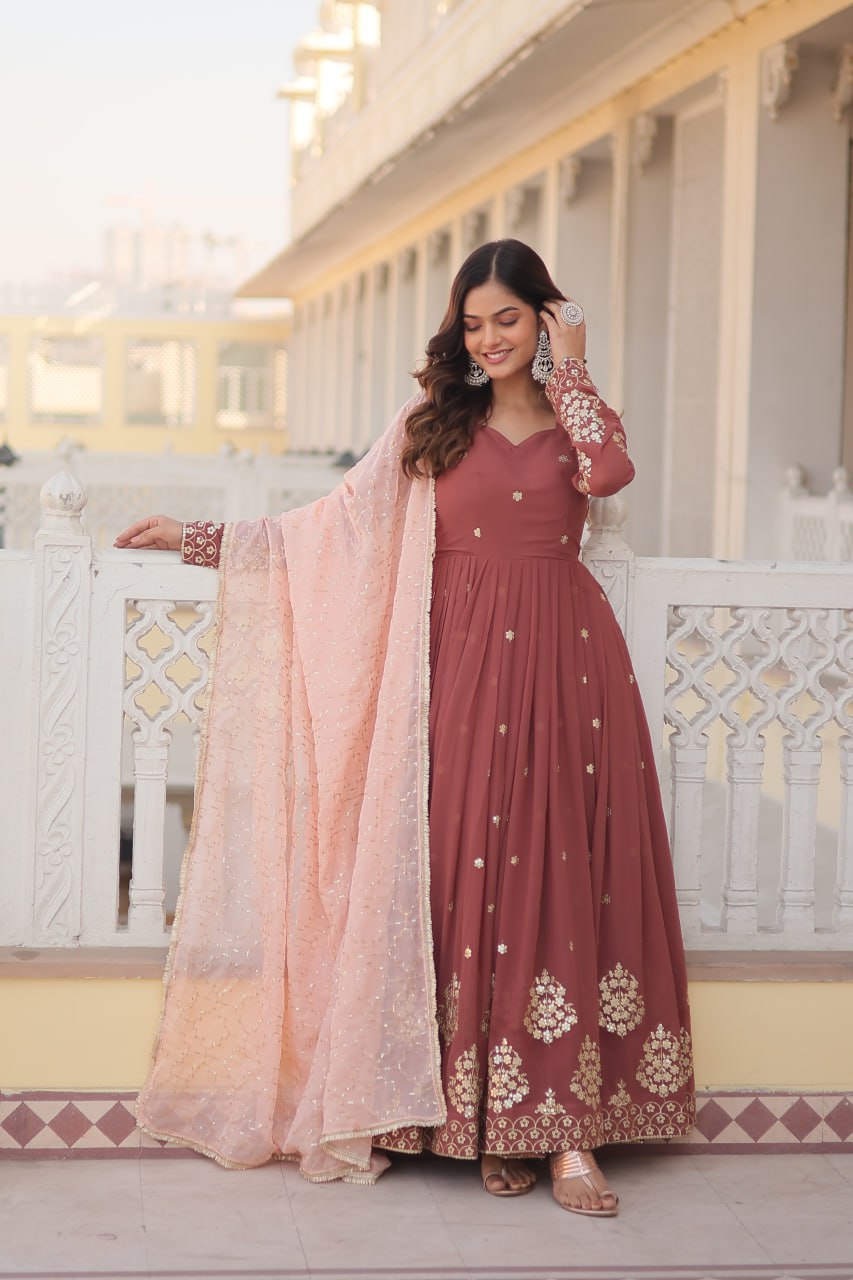 Designer anarkali flared georgette gown with silk dupatta,Thread & Sequins Embroidery work gown with full sleeves gown