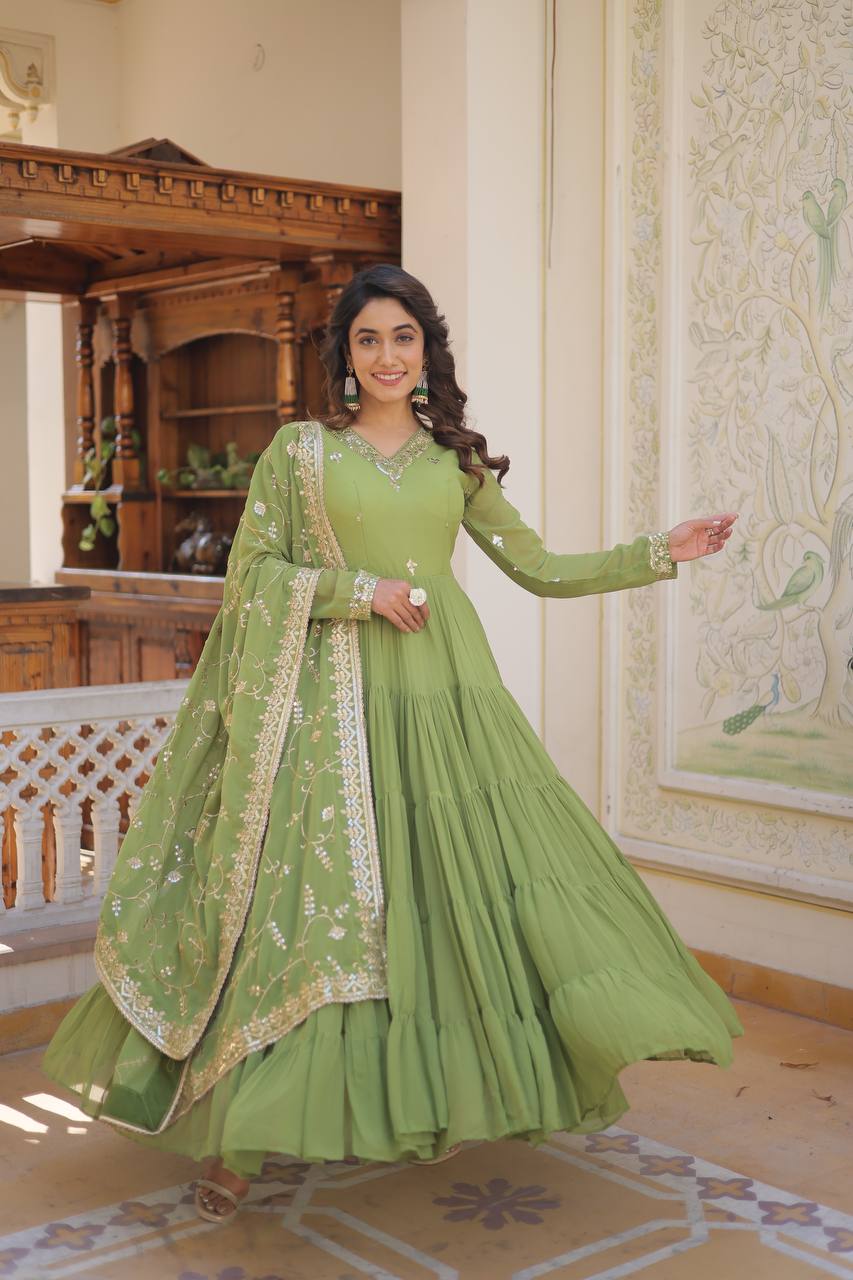 Unique Coloured Faux Georgette with Embroidered Work Gown with Dupatta