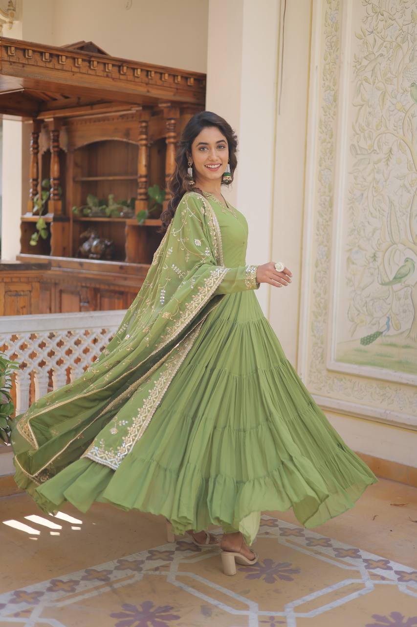 Unique Coloured Faux Georgette with Embroidered Work Gown with Dupatta