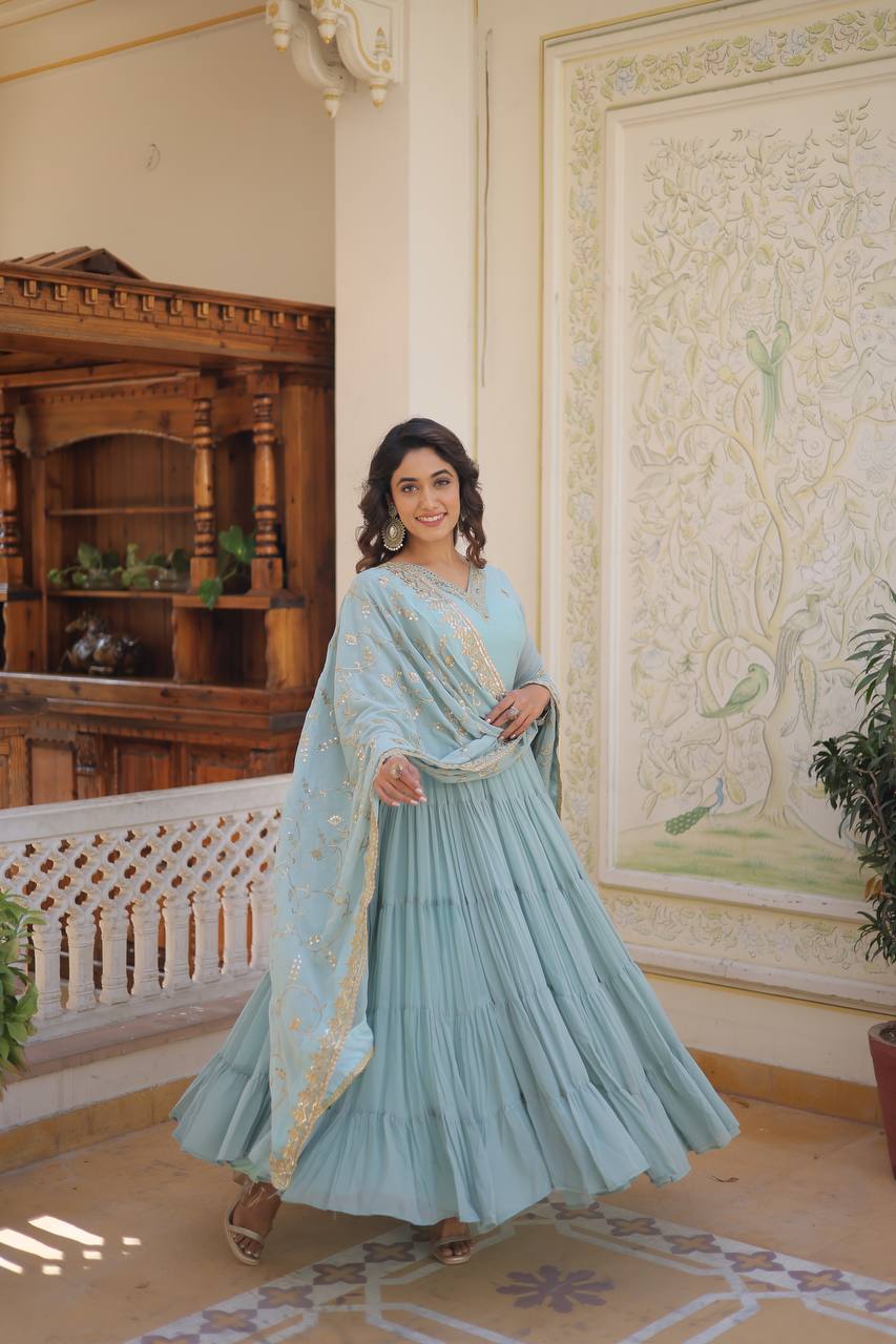 Unique Coloured Faux Georgette with Embroidered Work Gown with Dupatta