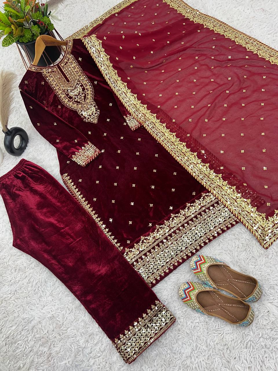 Pure Heavy Viscose Velvet Top Bottom with Dupatta