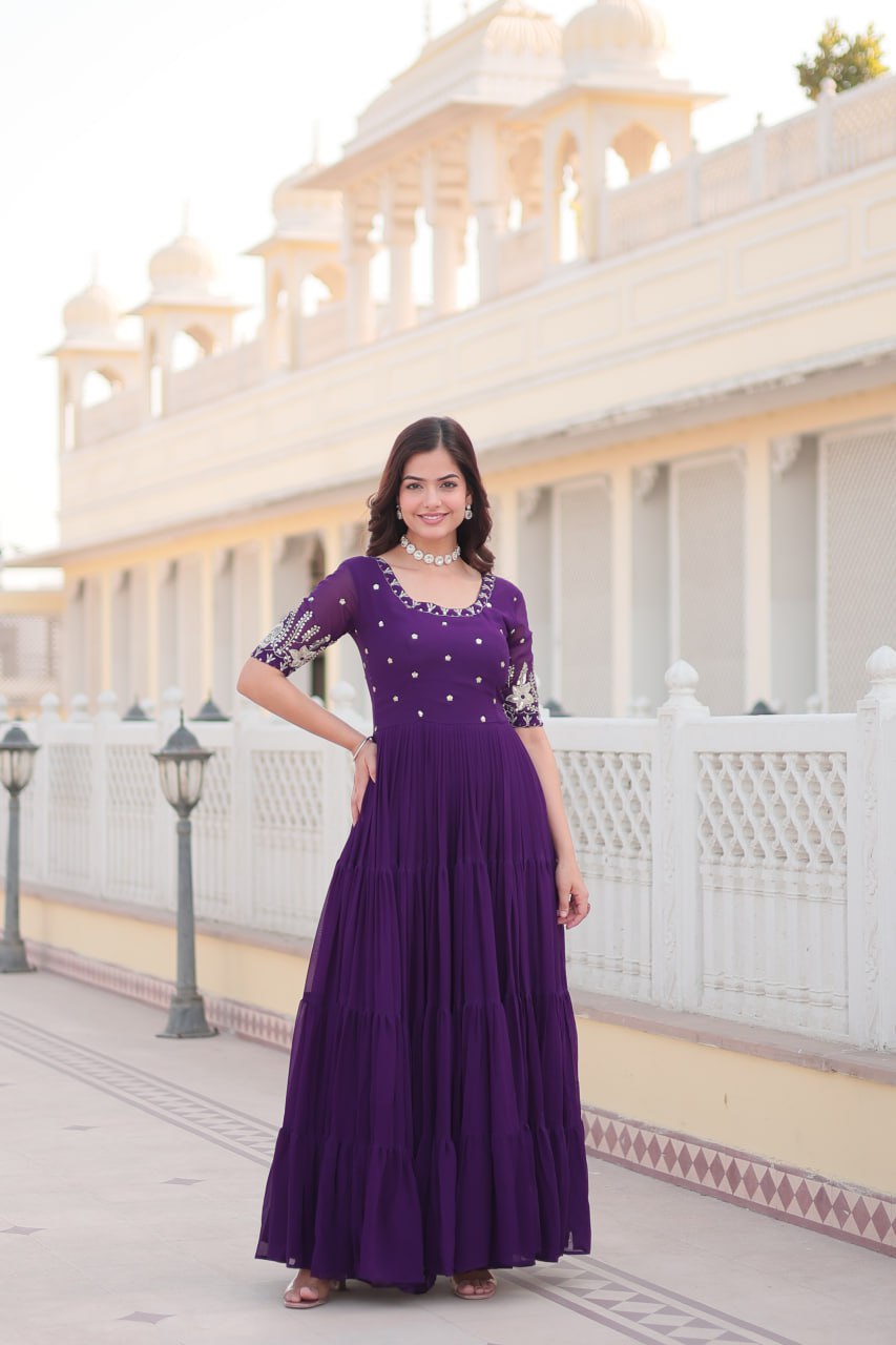 Zari work full flared gown kurta for women