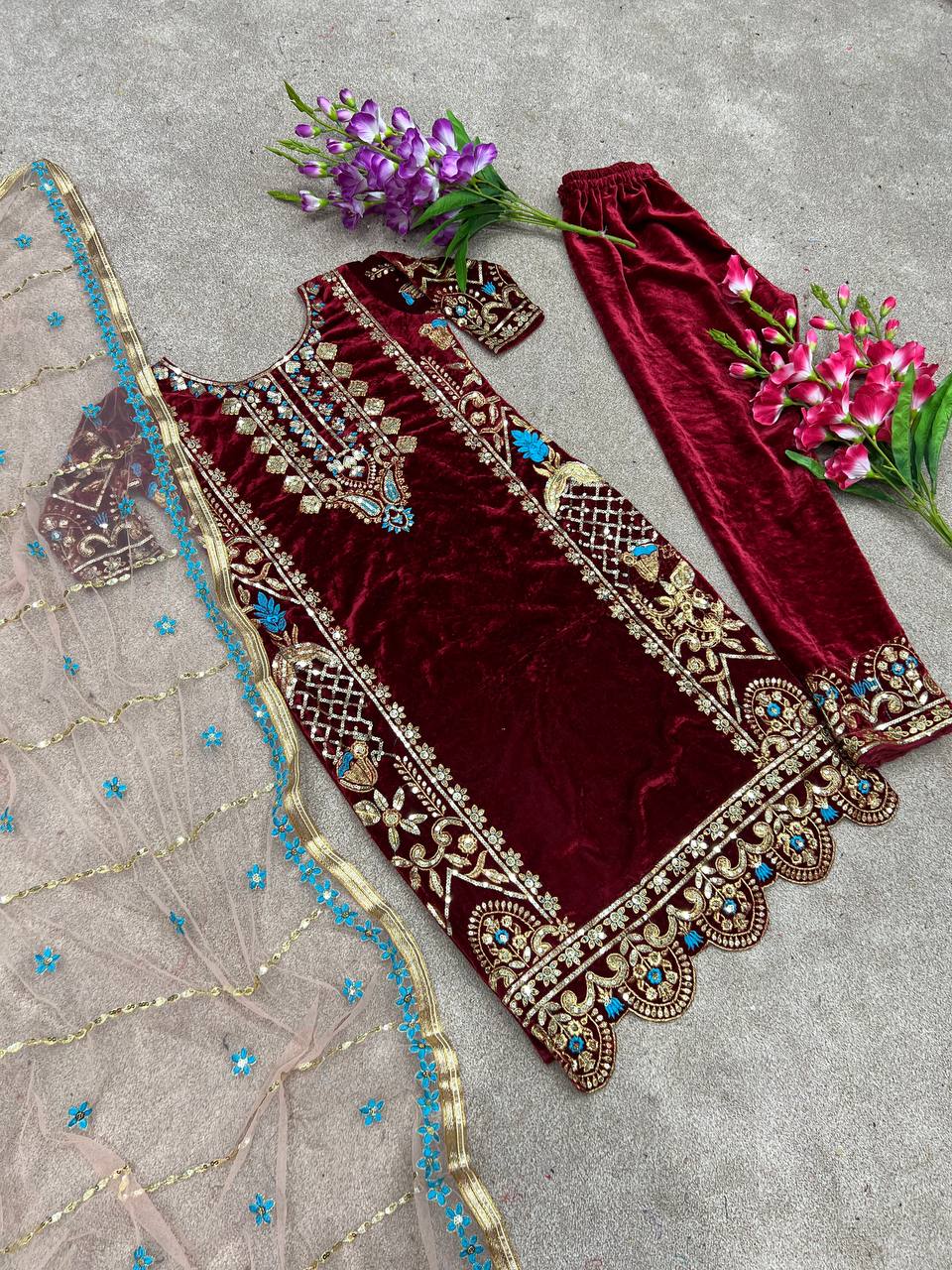 Heavy Viscose Velvet with Heavy Embroidery Top Pant with Dupatta