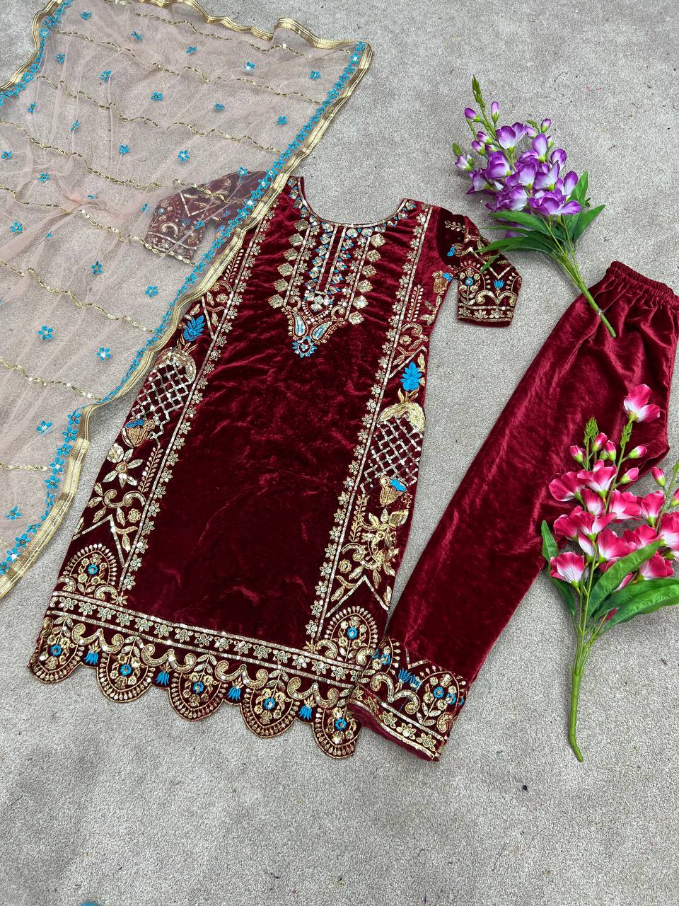 Heavy Viscose Velvet with Heavy Embroidery Top Pant with Dupatta