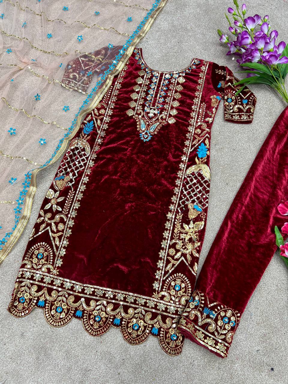 Heavy Viscose Velvet with Heavy Embroidery Top Pant with Dupatta