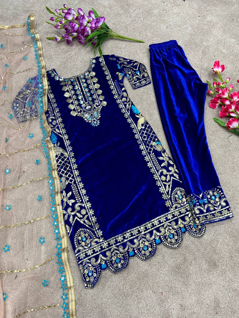 Heavy Viscose Velvet with Heavy Embroidery Top Pant with Dupatta