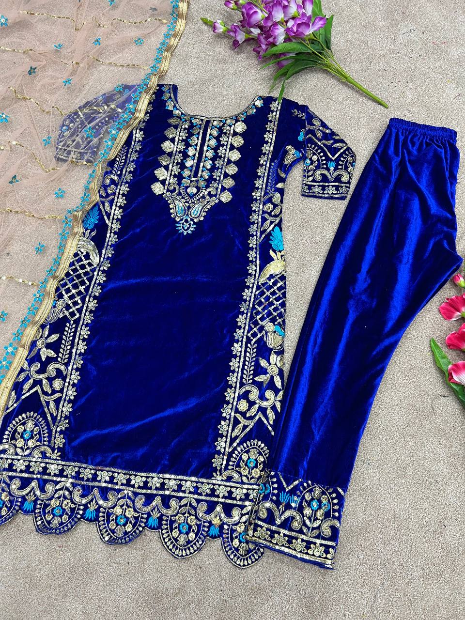 Heavy Viscose Velvet with Heavy Embroidery Top Pant with Dupatta