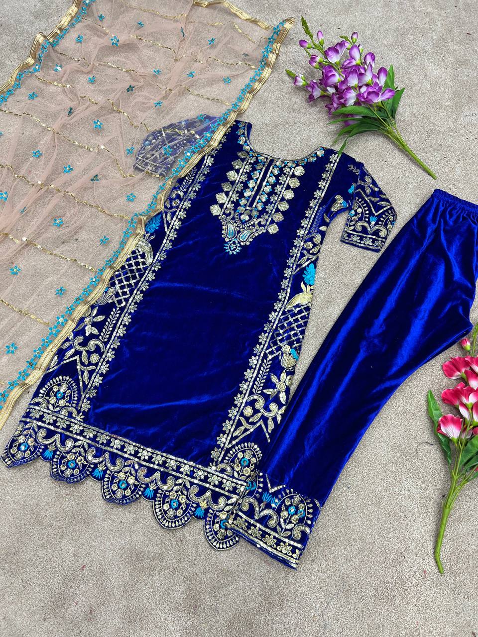 Heavy Viscose Velvet with Heavy Embroidery Top Pant with Dupatta