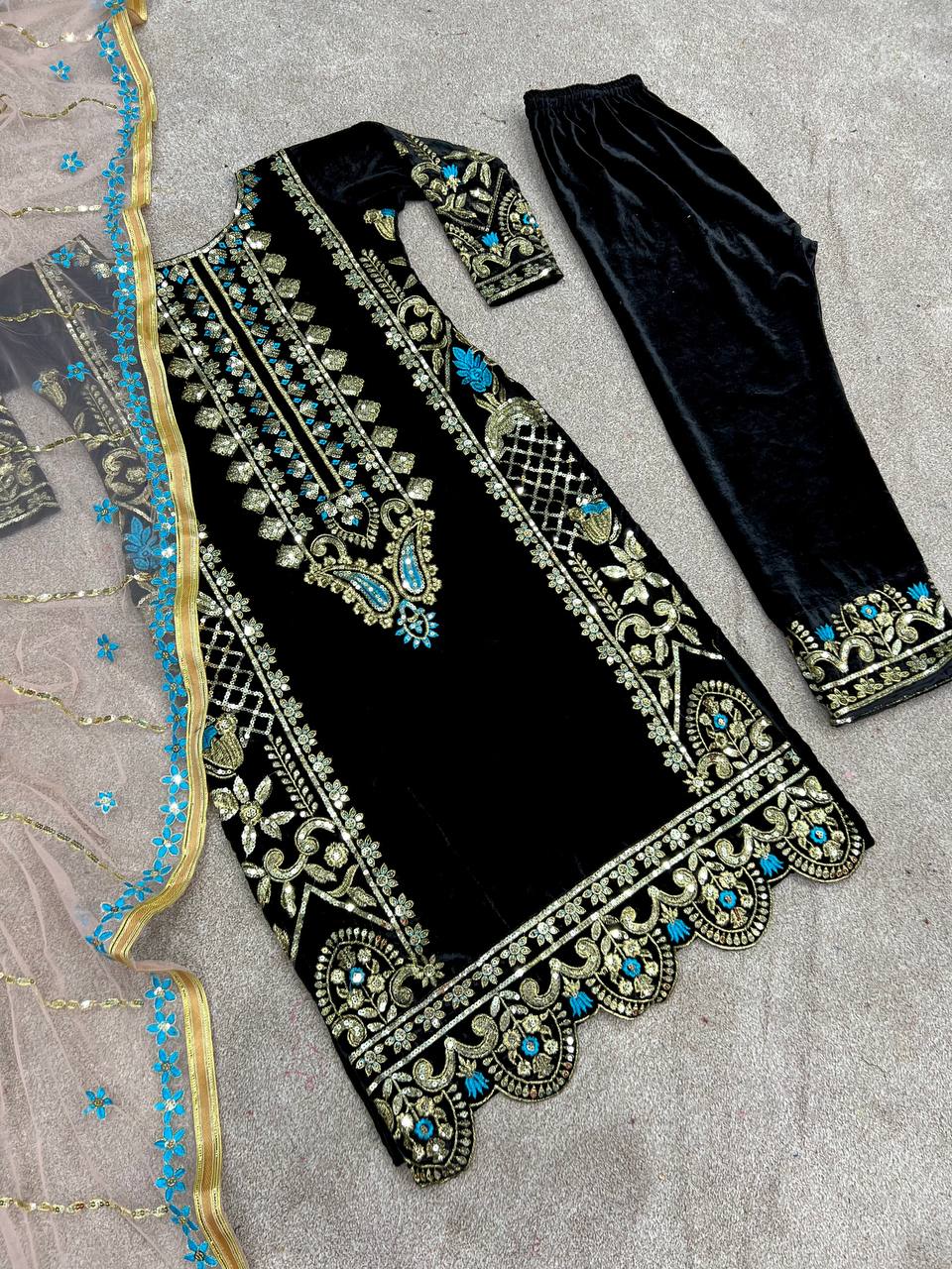 Heavy Viscose Velvet with Heavy Embroidery Top Pant with Dupatta