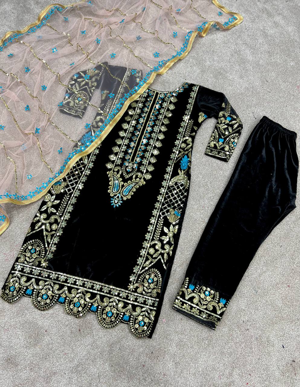 Heavy Viscose Velvet with Heavy Embroidery Top Pant with Dupatta