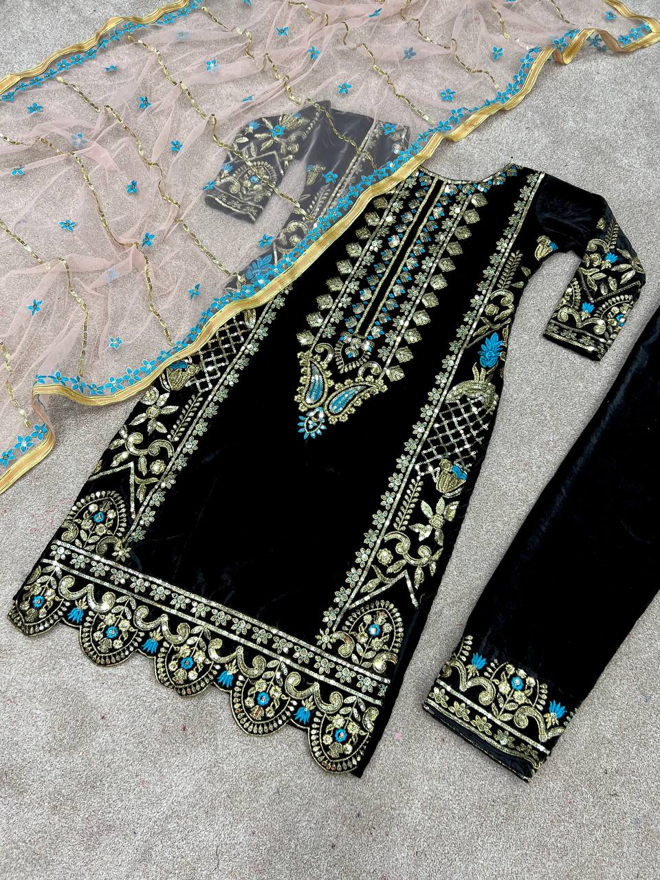 Heavy Viscose Velvet with Heavy Embroidery Top Pant with Dupatta